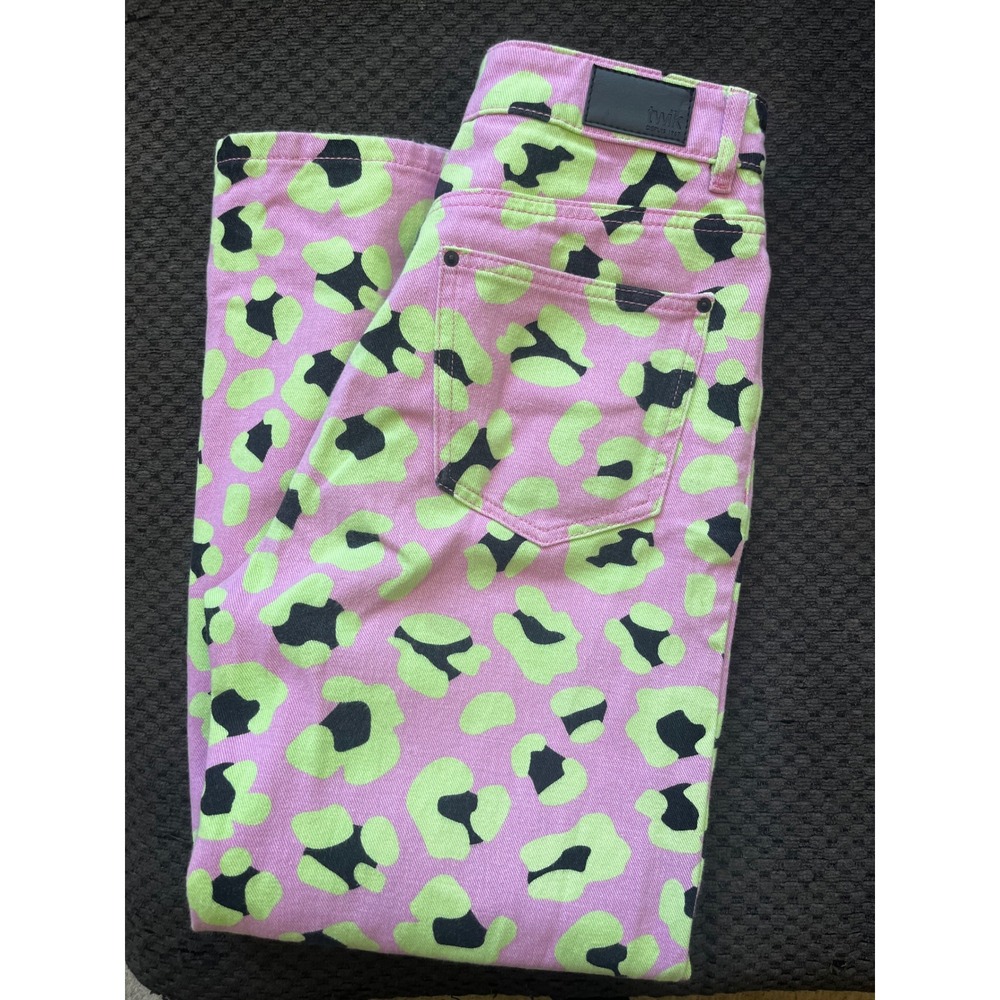 Hayley Elsaesser x TWIK Pink Green Leopard Print Wide Leg Jeans Size 27 Highrise - Picture 11 of 12